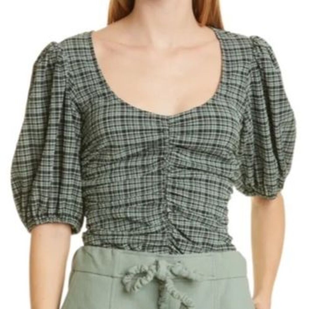 NWT Ganni Check Ruched Stretch Seersucker Blouse Mini Check Green Size Medium 38